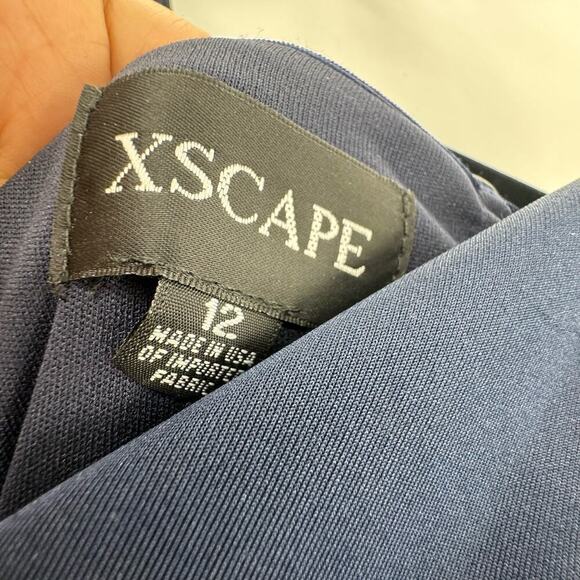 XSCAPE Ruffle Off the Shoulder Scuba Knit Gown Midnight Blue Size 12 NWOT - Picture 10 of 11